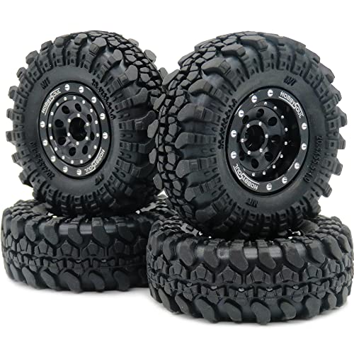 Heavy RC 1.0 Wheels and Tires Pre-Mounted, 1/24 Tires & Adjustable Offset 1.0 Beadlock Wheels Black for 1:24 RC Crawler Axial SCX24 Upgrade,(4-Pack, Assembled) - color: Black