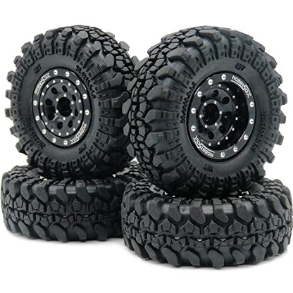 Heavy RC 1.0 Wheels and Tires Pre-Mounted, 1/24 Tires & Adjustable Offset 1.0 Beadlock Wheels Black for 1:24 RC Crawler Axial SCX24 Upgrade,(4-Pack, Assembled) - color: Black
