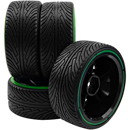 1/10 RC Drift Car Tires 12mm Hex Hub Wheel Rims & Hard Plastic Tyre 6 Spoke Compatible with Traxxas HSP Tamiya Kyosho HPI Redcat 1/10 On-Road RC Drift Drifting Car (Green)