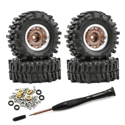 0.7” Wheel & Mud Terrain Tire Set for 1/30 RC Crawler, -1.00mm Offset, Axial SCX30 & Redcat Ascent-32, CNC Aluminum Rims, 5mm Hex, Shims Screwdriver Included, Pre-Assembled, 4 pcs, Brown - color: Brown, size: Loose-dirt-mud-bite