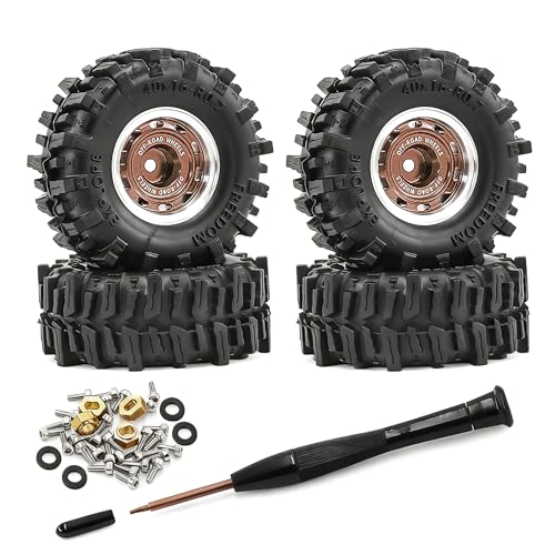 0.7” Wheel & Mud Terrain Tire Set for 1/30 RC Crawler, -1.00mm Offset, Axial SCX30 & Redcat Ascent-32, CNC Aluminum Rims, 5mm Hex, Shims Screwdriver Included, Pre-Assembled, 4 pcs, Brown - color: Brown, size: Loose-dirt-mud-bite