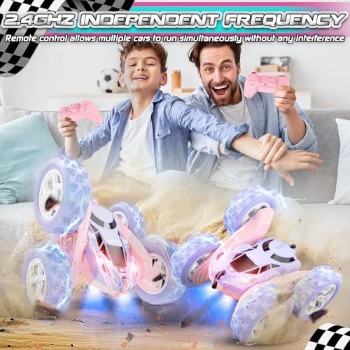 cosone Pink Purple RC Stunt Car for Kids | 360° Rotating Spins, Double-Sided Driving, LED Lights, 2.4GHz Racing Toy, Ages 4-8 8-12 - color: Purple&pink