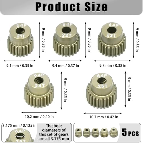 5Pcs 64P Aluminum Alloy Pinion Gear Set 3.175mm 21T 22T 23T 24T 25T Motor Pinion Gear W/ M4 Screw and Hex Key, Fit 3.175mm (1/8-Inch) Shaft, for Arrma HPI Kyosho Losi Axial Traxxas Tamiya 1/10 RC Car - size: 64P-3.175mm-21-25T