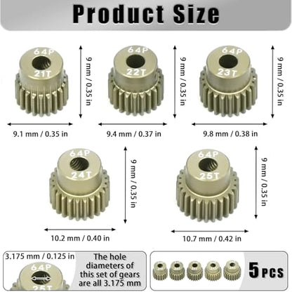 5Pcs 64P Aluminum Alloy Pinion Gear Set 3.175mm 21T 22T 23T 24T 25T Motor Pinion Gear W/ M4 Screw and Hex Key, Fit 3.175mm (1/8-Inch) Shaft, for Arrma HPI Kyosho Losi Axial Traxxas Tamiya 1/10 RC Car - size: 64P-3.175mm-21-25T