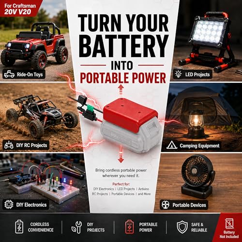 2 Pack Power Wheel Adapter for Craftsman V20 20V Battery,12AWG Wire Leads & 30A Fuse,DIY Battery Converter for Ride-On Toys,RC Cars,Robotics & LED Lights(Battery Not Included)