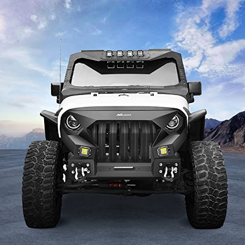 Nilight Front Bumper Grill for 2007-2015 2016 2017 2018 Wrangler JK&Unlimited 2/4 Doors with Winch Plate 2x42w LED Work Light Pods Textured Black Solid Steel Off-Road - color: Front Bumper Grill