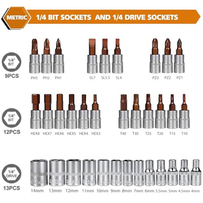 Egofine 46 Pieces 1/4 inch Drive Socket Ratchet Wrench Set Nickel Tool | Pearl nickel coating with 72-Teeth Ratchet Wrench S2 Bit Socket Set Suitable Auto Repairing and Household with Storage Case - style: 1/4" 46 PCS with 72 Teeth Ratchet