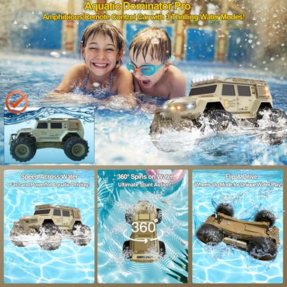 Amphibious Remote Control Car 1:14 Electric Vehicle 4WD for Boys Age 8-12, Offroad Waterproof RC Truck All Terrain RC Drift Cars Beach Pool Toys Gifts for Kids - color: Beige