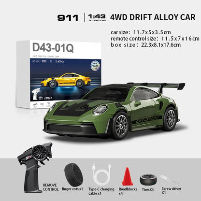 1:43 RC Drift Car 20KM/H with Gyro, 2.4G 4WD Full Proportional Alloy Sport Racing Car, Adjustable Speed, LED Lighting for Teens & Adults-D43-01 - color: Q9/Dark Green