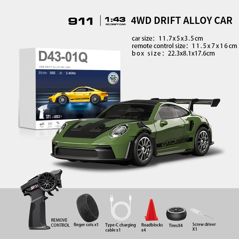 1:43 RC Drift Car 20KM/H with Gyro, 2.4G 4WD Full Proportional Alloy Sport Racing Car, Adjustable Speed, LED Lighting for Teens & Adults-D43-01 - color: Q9/Dark Green