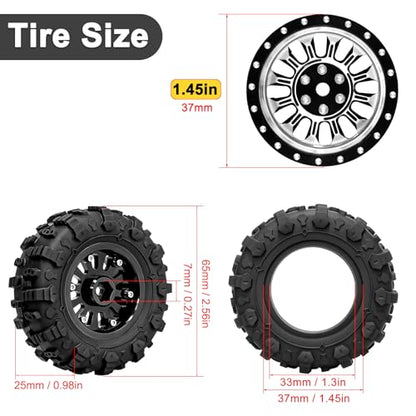 LRFHL 1.3" Beadlock Wheel Tires Aluminum for SCX24 TRX4M, 4PCS, Silver | Upgraded 1.45-inch Wheel, 1/24 SCX24 1/18 TRX4M RC Crawler Car Upgrade - color: Black Tires+ Silver Wheels-2