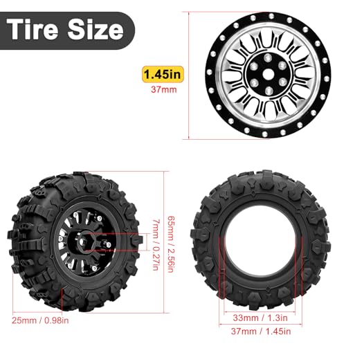 LRFHL 1.3" Beadlock Wheel Tires Aluminum for SCX24 TRX4M, 4PCS, Silver | Upgraded 1.45-inch Wheel, 1/24 SCX24 1/18 TRX4M RC Crawler Car Upgrade - color: Black Tires+ Silver Wheels-2