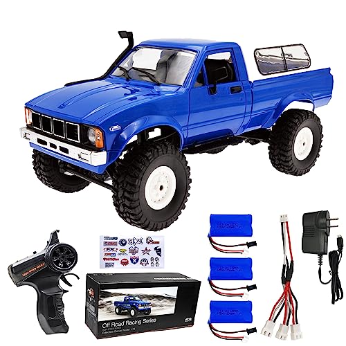 WPL C24 1/16 4WD RC Off-Road Pickup Blue | 2.4G RTR rock crawler with 3 upgraded 1200mAh batteries, hobby gift for men