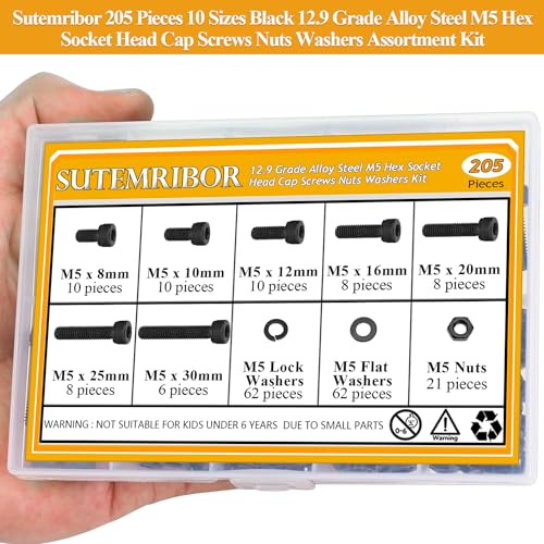 205 Pieces M5 Screws Nuts Washers Set Black, Sutemribor M5 x 8/10/12/16/20/25/30mm Hex Socket Head Cap Screws Nuts Washers Assortment Kit, 12.9 Grade Alloy Steel, Fully Threaded - size: M5 x 8-30mm, style: Socket Head