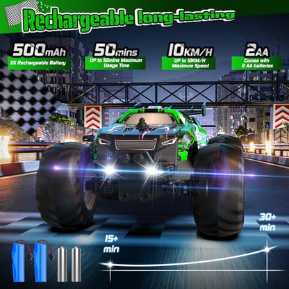 All-Terrain Remote Control Car for Boys Christmas Rechargeable Green | Monster Rc Truck with LED, 1:20 10KM/H, 2 Motors, 2.4GHZ, Speed Friendly, Sturdy Rc Cars for Christmas Kids 6+, Beginner - color: Green