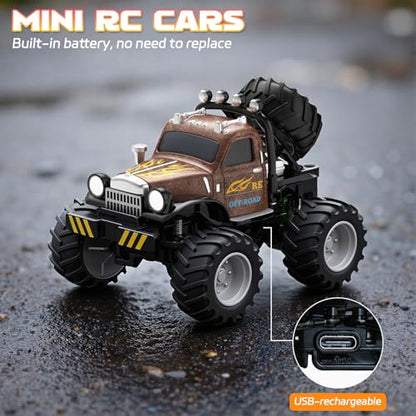 Snugzy Mini RC Car 1:64 Scale RC Truck for Kids with Trailer 2.4Ghz Remote Control Rechargeable RC Cars Toy Gifts for Boys Girls Adult (Brown) - color: Brown