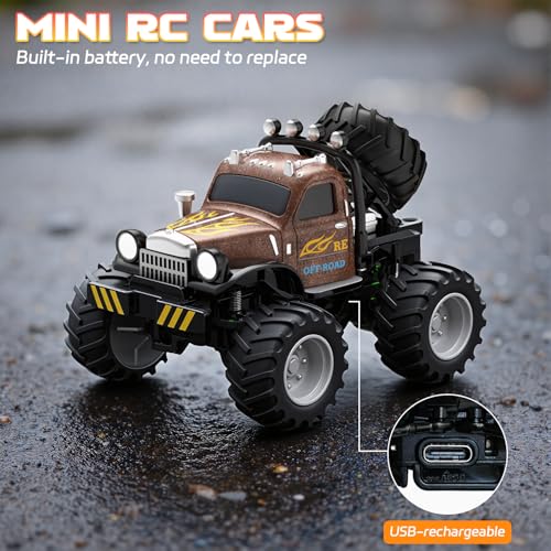 Snugzy Mini RC Car 1:64 Scale RC Truck for Kids with Trailer 2.4Ghz Remote Control Rechargeable RC Cars Toy Gifts for Boys Girls Adult (Brown) - color: Brown