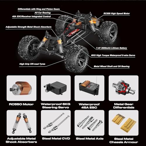1:8 Scale All Terrain RC Monster Truck 45KM/H for Adults Boys | 2.4GHz Remote Control High Speed Off Road Racing Car with 2 Rechargeable 2600mAh Batteries