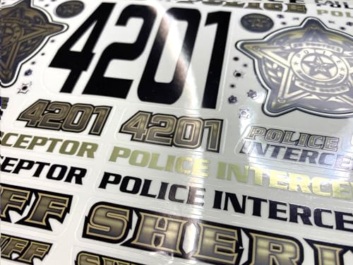 FIRE BRAND RC® Police RC Decals (Golden) Multi-Fit™ Vinyl Decal Sheet (8.5″ x 14″) – for 1:10 Scale RC Vehicles, Solvent and Metallic Inks, Die-Cut, Easy Peel-and-Stick