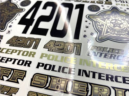 FIRE BRAND RC® Police RC Decals (Golden) Multi-Fit™ Vinyl Decal Sheet (8.5″ x 14″) – for 1:10 Scale RC Vehicles, Solvent and Metallic Inks, Die-Cut, Easy Peel-and-Stick