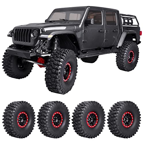 HobbyPark 1.9 Beadlock Wheels and Tires Height 4.72inch 120mm Soft Rubber Good Grip, Mounting Tool for TRX4 Axial SCX10 II III Redcat Gen8 Gen7 1/10 RC Crawler w/Foam,Set of 4 (Red Rings) - color: Red Rings