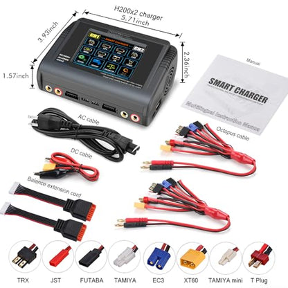 Dual LiPo Charger Touch Screen Battery Charger Discharger AC200W DC400W 12A | Fast Balance Battery Charger for 1-6S LiPo Li-ion Li-Fe LiHV 1-15S NiCD NiMH 2-20V PB Smart Batteries RC Car Boat Drone