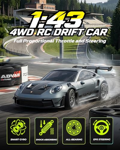 ARRIS 1/43 911 RC Drift Car 4WD with Gyro Full Proportional RTR | Alloy Body, 20KM/H Speed, Extra Drift Tires, Silent Bearings, LED Lighting - color: Gray-911