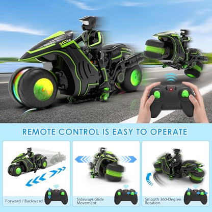 Remote Control Motorcycle, 2026 New Edition with RGB Color-Changing Wheels and Exclusive Sideways Glide, Ready-to-Play with 2 Batteries, 2.4GHz RC Stunt Bike Gift for Kids Boys Girls 5-12 - color: Green