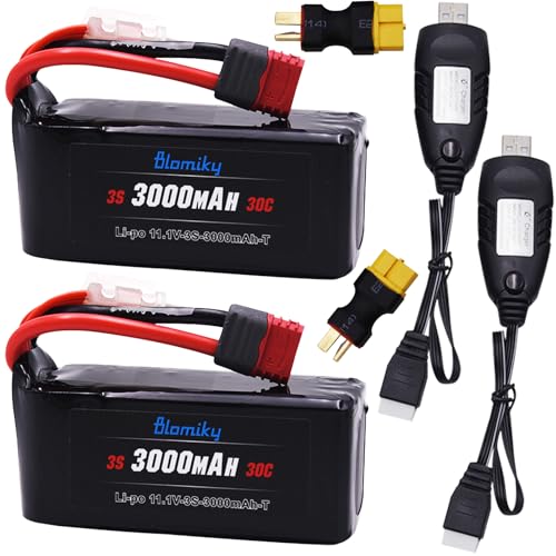 Blomiky 2 Pack 11.1V 3000mAh 33.3Wh 30C Li-Po Rechargeable T Plug Shorty Battery with XT60 Converter and Cable Suitable for Some 1/8 1/10 1/12 1/14 H14BM RC Cars /11.1V 3000mAh T 2