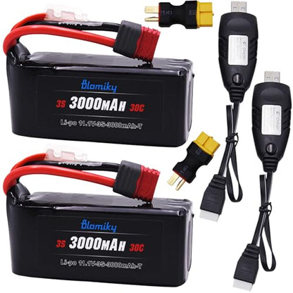Blomiky 2 Pack 11.1V 3000mAh 33.3Wh 30C Li-Po Rechargeable T Plug Shorty Battery with XT60 Converter and Cable Suitable for Some 1/8 1/10 1/12 1/14 H14BM RC Cars /11.1V 3000mAh T 2