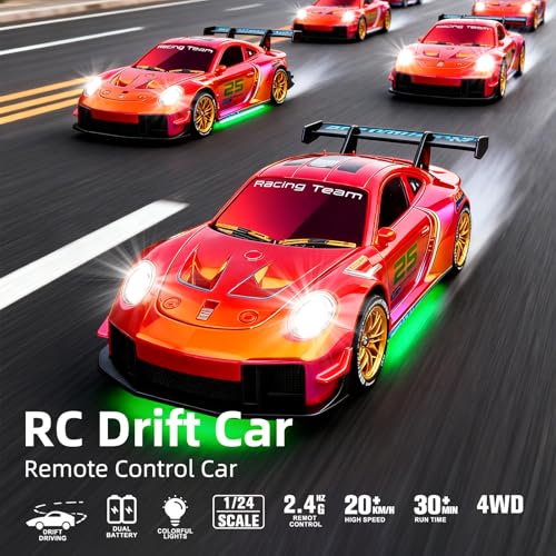 RC Drift Car,1:24 Scale Remote Control Vehicle for Kids,20KM/H 4WD High Speed RC Cars with LED Lights,2 Batteries & Drift Tires Racing Toy for Adults,Kids,Boys and Girls