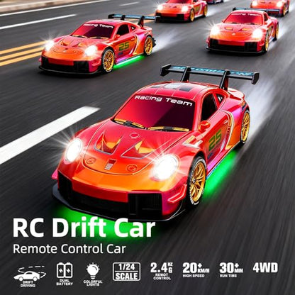 RC Drift Car,1:24 Scale Remote Control Vehicle for Kids,20KM/H 4WD High Speed RC Cars with LED Lights,2 Batteries & Drift Tires Racing Toy for Adults,Kids,Boys and Girls