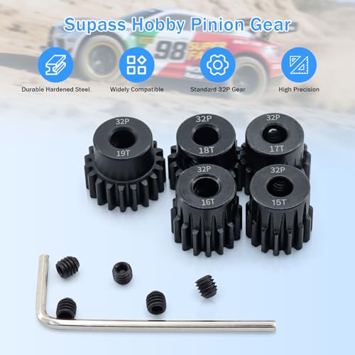 Steel Metal 32P Pinion Gear Sets 15T 16T 17T 18T 19T for Shaft 5mm RC Motor Compatible with HPI Kyosho Losi Axial Tamiya 1/8 1/10 RC Car Monster Truck Upgrade Parts (5mm Bore) - size: 15T 16T 17T 18T 19T