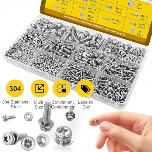 640PCS Machine Screws Assortment Kit, M2 M2.5 M3 M4 M5 Phillips Pan Head Bolts and Nuts Assorted Set, 304 Stainless Steel Metric Combination Screw with Fixed Washers (All-in-One Design) - size: SS M2M2.5M3M4M5 640pcs