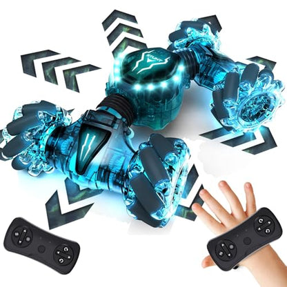 Tecnock Remote Control Car for Boys Girls, 2.4GHz 4WD Gesture Sensing RC Stunt Car Toys - 360° Rotating Double Sided Hand Controlled RC Cars with LED Lights, Gifts for Kids Ages 6-8, 8-12 - color: Deep Green
