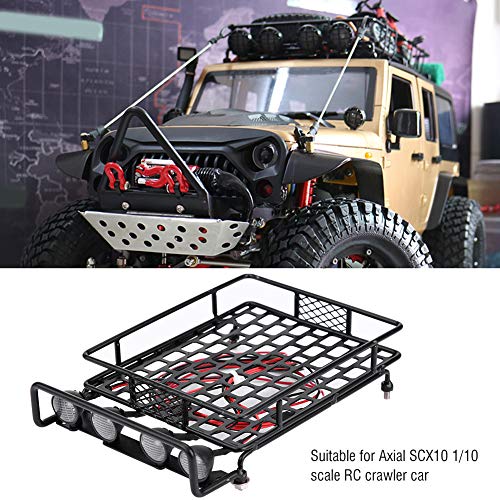 Large Size Roof Rack Luggage Carrier with LED Light Round, RC Roof Rack for Axial SCX10 1/10 Scale RC Crawler Car, Metal RC Roof Rack with 4 LED Lights, Remote Control Function, Du (White Light)