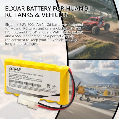 (2-Pack) 7.2V 800mAh Ni-Cd Battery for Huanqi HQ 516, 558, 549 | Rechargeable battery packs with 5557 connector for compatible Huanqi RC tanks and vehicles; verify plug before ordering.