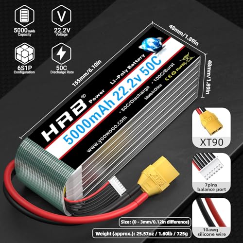 HRB 6S 5000mAh 22.2V 50C Lipo Battery XT90 Plug RC Lipo Battery Compatible with RC Quadcopter Helicopter Airplane Car Boat Truck