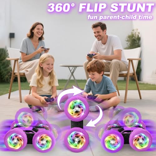 Remote Control Car, Outdoor Toys RC Cars for Kids Ages 6-12, 4WD Double Sided Stunt Vehicle with Upgraded USB-C Modular Batteries, 5 6 7 8 9 10+ Year Old Boy Birthday Purple - color: Purple