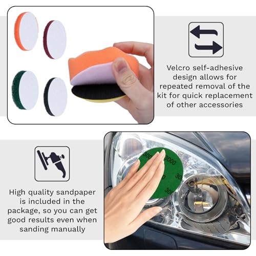 BFXM 38Pcs Car Headlight Restoration Kit, 3 Inch Headlight Polishing Kit | Headlight Cleaning Kit with Sanding Disc Scouring Pad Polishing Pad for Drill, Universal Automotive Tools for Car Headlight