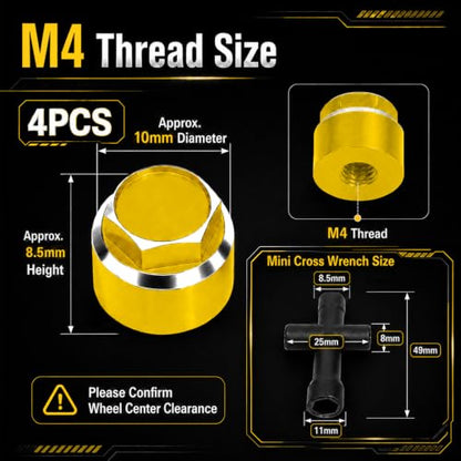 4PCS M4 RC Wheel Nuts, Aluminum Dustproof Wheel Rim Center Cap Hub Nuts with Mini Cross Wrench for 1/10 RC Crawler TRX4 TRX6 SCX10 SCX10 II D90 Redcat Tamiya HPI, Gold - color: Gold