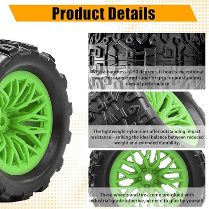 Pre-Glued 1/16 & 1/18 RC Monster Truck Rubber Tire & Nylon Wheel - 12mm Hex | Rubber Tires with Foam Fits for ARRMA 1/18 Granite/Typhon Grom, WLtoys A949, MJX Hyper Go H16 (4PCS, Green) - color: Green