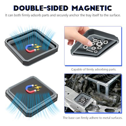 Collapsible Magnetic Parts Tray, 4.5 Inch Square Silicone Tray Holder with Double-Sided Magnetic Base, Foldable Tool Trays for Screw Bolts Nuts Pins Small Parts, Car Accessories (Gray) - color: Gray