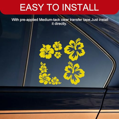 4PCS Hibiscus Car Decal Sticker, Hawaiian Hibiscus Flower Decal Set, White Tropical Flower Stickers, Universal Exterior Decoration Sticker Accessories for Car, Truck, SUV, Door, Wall (Yellow)