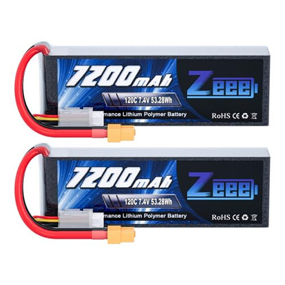 Zeee 2S Lipo Battery 7200mAh 7.4V 120C with XT60 Connector (2 Pack) | Soft Pack Battery for RC Car Truck RC Vehicles Truggy Buggy Tank Helicopter Airplane Racing Models