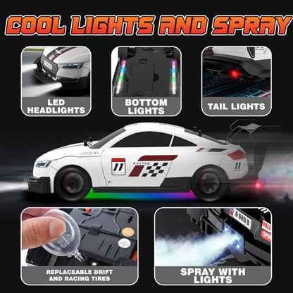 1/16 RC Drift Car 2.4Ghz 4WD Remote Control Cars with Spray & Led Lights 1/28 Scale Gesture Sensing RC Stunt Cars Toys for 6-12 Years Old Boys Girls