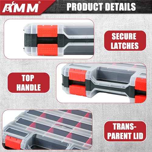 AMM Tool Box, Double Side Tool Box Organizer with 34 Compartments, Removable Dividers, Tackle Box Small Parts Screw Hardware Organizer for Screws, Nuts, Nails and Bolts (2 Piece, Red) - size: 2PC