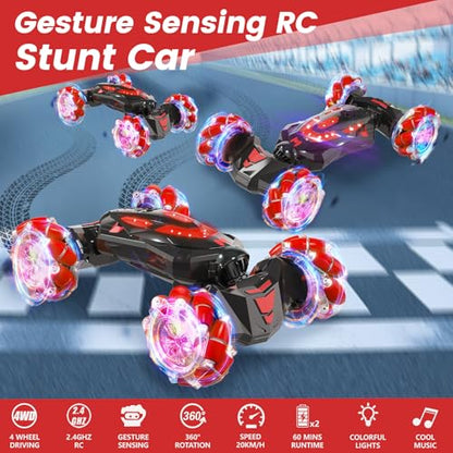 Gesture Sensing RC Stunt Car,Remote Control Car Toys for Ages 4-12 | Drift cars with Lights Music ,4WD 360° Spins All Terrains Kids Toys RC Cars, Best Birthday Gift for 4-12 Kids - color: Red