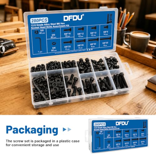 280PCS M6 Hex Socket Head Cap Screw Kit 12.9 Alloy Steel for DIY 3D RC | Black Zinc Plated Bolts and Nuts, Flat & Spring Washers, M6-1.0 x 8-35mm Machine Metric Fastener Set, High Tensile Strength - size: G12.9 M6 280PCS
