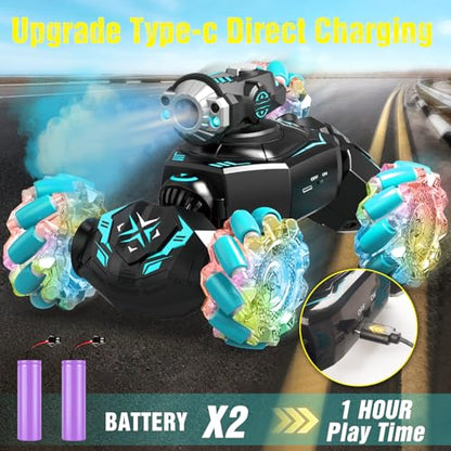 Gesture Sensing Remote Control Car, RC Cars Toys for Boys Age 6-12, 4WD Hand Controlled Twist & Transform 360° Spins Stunt Car with Mist, Light & Music, 8-10 Year Old Boys Birthday Gift Blue - color: Blue
